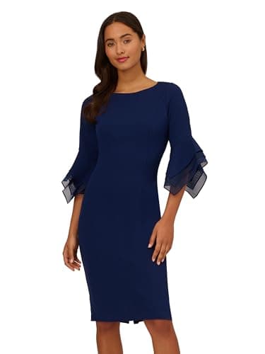 Image of Adrianna Papell Women's Knit Crepe Tiered Sleeve Dress, Navy Sateen, 14