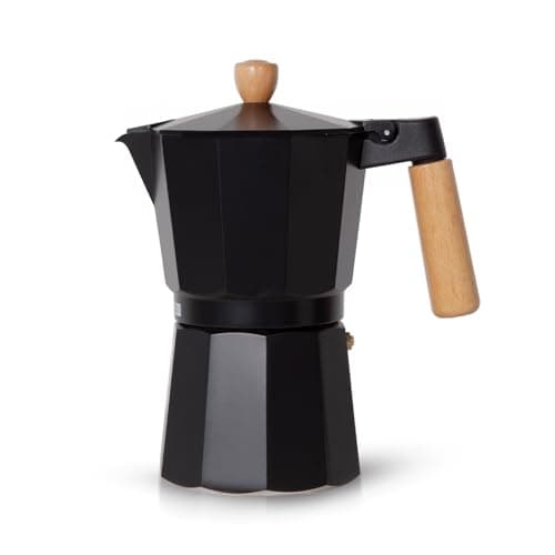 Image of Royalford Italian Espresso Coffee Maker - Italian Style Stovetop Moka Pot with Safety Valve, Filter Included (6 Cups/300ML) - Traditional Coffee Maker with Wooden Handle & Knob, Aluminium, Black