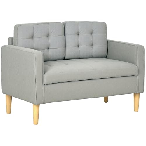 Image of HOMCOM Modern 2 Seater Sofa with Hidden Storage, 117cm Tufted Cotton Couch with Wood Legs, Compact Sofa for Living Room, Light Grey