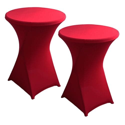 Image of FANSU Spandex Cocktail Table Cover, Set of 2 Round Stretch Cocktail Table Cover Stretchy Table Covers Cocktail Table, 4 Legs Pockets Round Bar Table Cover Tablecloth (Burgundy,70x110cm)