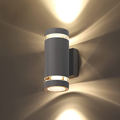Image of CELAVY Outdoor Wall Lights Up Down, Outside Wall Lights Mains Powered, IP65 Waterproof Porch Light Lamp Modern 3000K Aluminium, Exterior Round LED Front Door Lighting Wall Mounted for House, Grey