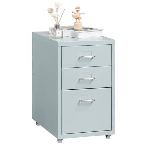 Image of HollyHOME 3-Drawer Mobile File Cabinet, Filing Cabinet, Under Desk Rolling Filing Organizer, Metal Storage Cabinet with Casters for Home and Office,Greyish Green