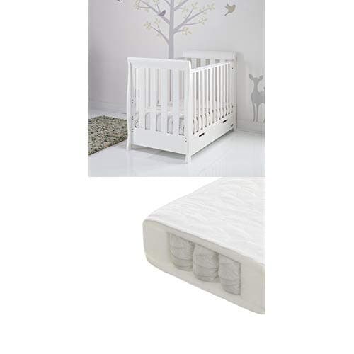 Image of Obaby Stamford Sleigh Mini Cot Bed and Pocket Sprung Mattress - White