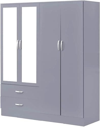 Image of High Gloss Bedroom Furniture Set - 4 Door 2 Drawer With Mirror Wardrobe - Gloss Finish Handging Rail Modern Bedroom Furniture Range (Grey, Extra Large)