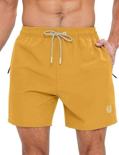 Image of APTRO Mens Swim Shorts Quick-Dry Mesh Lining Summer Beach Shorts 4-Way Stretch Swim Trunks with Zipper Pockets Yellow M