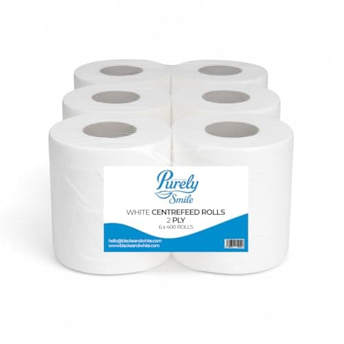 Image of Blake & White 2 Ply Centrefeed White Tissue Rolls - Purely Smile 6 Pack, 400 Sheets Paper Towel Roll for Wiping Surfaces & Drying Hands - Strong & Ultra Absorbent Tissue Paper Roll - PS1215