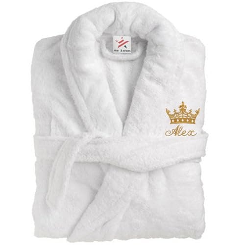 Image of Stars and Stripes Personalised Crown Bathrobe Custom with Your Text Embroidery on Luxury Terry Towel 100% Cotton Bathrobes (White, L-XL)