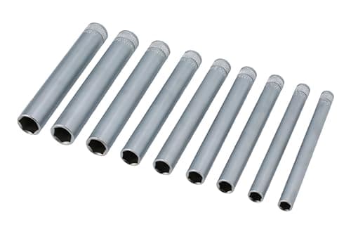 Image of Laser 8904 Extra Long Socket Set 1/4" D 9pc | 8, 9, 10, 11, 12, 13, 14, 15, 16mm | 1/4" D Single hex Profile | Length: 140mm | Satin Finish Chrome Vanadium | Presented in an EVA Foam Tray
