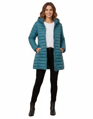 Image of kraftd Womens Winter Lightweight Puffer Jacket Quilted Padded Down Coat With Detachable Hood Central Zip Best for Autumn Winter, Outdoors & Travelling (Teal, 18)