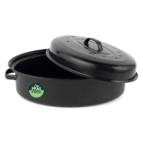 Image of Salter BW12810EU7 Self-Basting Roaster – 36cm Vitreous Enamel Coated Steel Roasting Tin with Lid, Oval Dish, PFAS-Free, Dishwasher Safe, Oven Safe to 230°C, Easy Clean, Roast Meat/Vegetables, Black