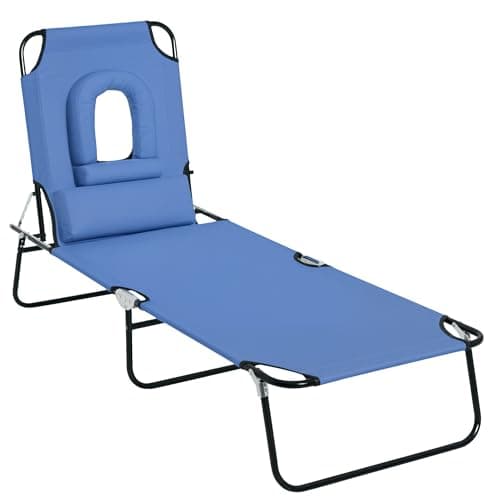 Image of Outsunny Folding Sun Lounger with Face Hole, 4-Position Adjustable Backrest Garden Recliner Chair Sunbed, Outdoor Lounge Chair with 600 D Oxford Cloth Seat, Pillow for Beach, Blue
