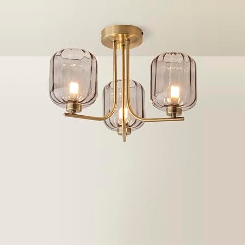 Image of ValueLights | Gold 3 Way Ceiling Light Fitting with Smoked Ribbed Glass Shades | Pendant Lights, Home Décor & Improvement Essential | Mains Wired