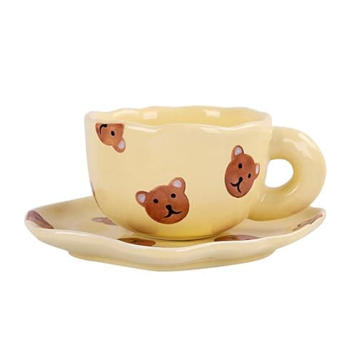 Image of Soulnioi Ceramic Coffee Mug, Cute Cappuccino Cup and Saucer Set, 180ML Handpainting Tea Cup Milk Cup for Gift - Yellow Bear