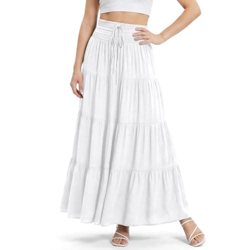 Image of Alaoo Long Skirts for Women, Flowy Elasticated Waist Pleated A Line Skirts With Drawstring, Casual Comfy Boho Women 2in 1 Skirt High Waist Maxi Skirt for Beach Daily Travel Vacation, White