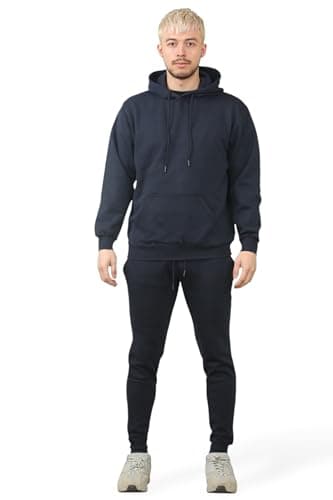 Image of ID Clothing Mens Hooded Tracksuit Fleece Jumper Jogging Bottoms Pullover Cotton Plain (UK, Alpha, L, Regular, Regular, navy)