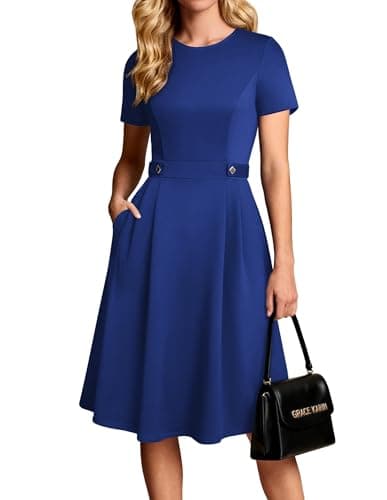 Image of GRACE KARIN A-Line Dresses for Women UK Elegant, Crew Neck Short Sleeve Dress with Pockets, Business Prom Dress Wedding Guest Royal Blue S