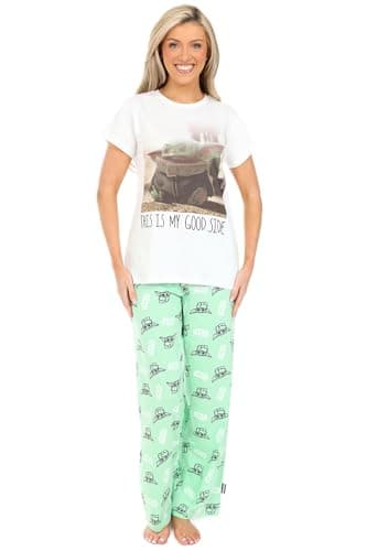 Image of Star Wars Womens The Mandalorian Long Baby Yoda Pyjama Set Ladies PJ's (20-22) White