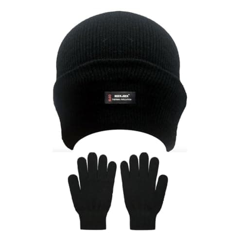 Image of OnlyBee Adult Mens Womens Ladies Black Hat And Gloves Set Winter Thermal Lining Fits Adults and Older Children