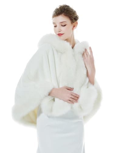 Image of BEAUTELICATE Women’s Hooded Cape Coat Faux Fur Cloak Warm Shawl Wrap Shrug For Winter Wedding Evening Bride Bridesmaids Halloween Christmas Cosplay Costume, Ivory