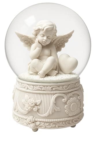 Image of Battery Operated Angel Snow Globe 100mm – White Angel Figurine with Heart – LED Light Musical Snow Dome – Elegant Home Décor, Memorial Keepsake, Wedding & Anniversary Ornament JR5200
