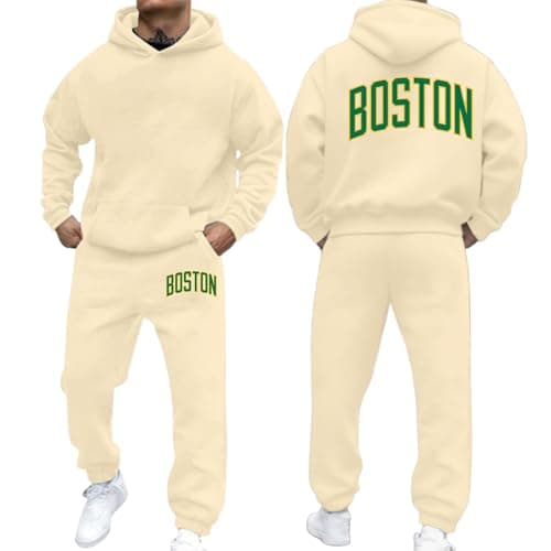 Image of Mens Sport Suits 2 Piece Set Contrast String Fleece Tracksuit Hoodie Top Bottoms Joggers Gym Set Draw Code Tracksuit Big and Tall Sweatsuits for Men Mens Activewear Set Christmas (Khaki, M