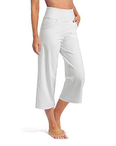 Image of Promover Womens Capris Yoga Pants Summer Ladies 3/4 Trousers for Women UK Cropped Straight Wide Leg Trousers Women Stretch Work Trousers with Pockets