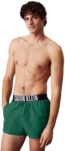 Image of Calvin Klein Men’s Short Swim Shorts with Logo Waistband, Green (Wild Green), S