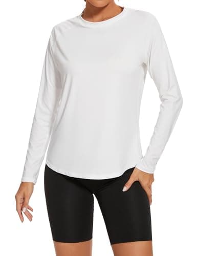 Image of Gyabnw Long Sleeve Tops Women Lightweight Crew Neck Running Yoga UPF 50+ Workout T-Shirts Ladies Breathable Soft Casual Activewear Top White