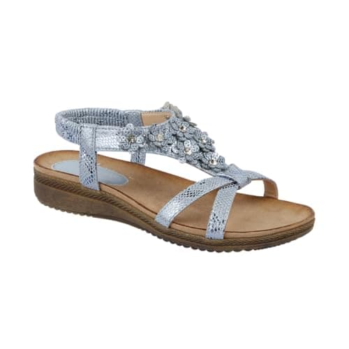 Image of Jo & Joe Ladies Flower Diamante T-Bar Low Wedge Slingback Sandals (Blue Metallic, UK Footwear Size System, Adult, Women, Numeric, Medium, 4)