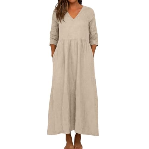 Image of Generisch Casual Women's V-Neck Short Sleeve Flowing Midi Length Dress for Stylish Everyday Elegance, beige, M