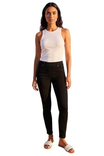 Image of Roman Originals Jeggings for Women UK Jean Ladies Stretchy Trousers Denim Leggings High Waist Rise Pull On Skinny Straight Leg Cotton Pants Smart Casual - Black (31 inch) - Size 18