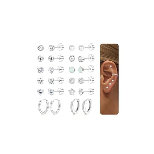 Image of MOGASA 12 Pairs Hypoallergenic Surgical Steel Flat Back Earrings for Women Men Small Silver Studs Hoops Earrings Set Helix Cartilage Tragus Earring Set for Multiple Piercings