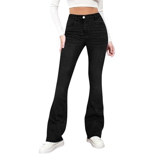Image of Flared Jeans for Women, Ladies Bootleg Denim Jeans High Waisted Stretch Denim Trousers Comfy Skinny Work Trousers Casual Bootcut Pants with Pockets Everyday Wear Black