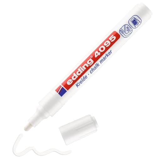 Image of edding 4095 chalk marker - white - 1 chalk pen - round nib 2-3 mm - medium-nib wet wipe pen for chalkboards, windows, glass, mirrors - liquid chalk marker pen for opaque coverage