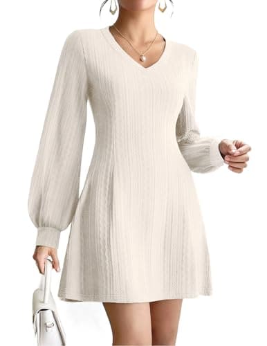 Image of Zeagoo Jumper Dress for Women Casual Lantern Sleeve Cable Dress Elegant Princess Line Long Sleeves Ladies Dresses Beige XXL