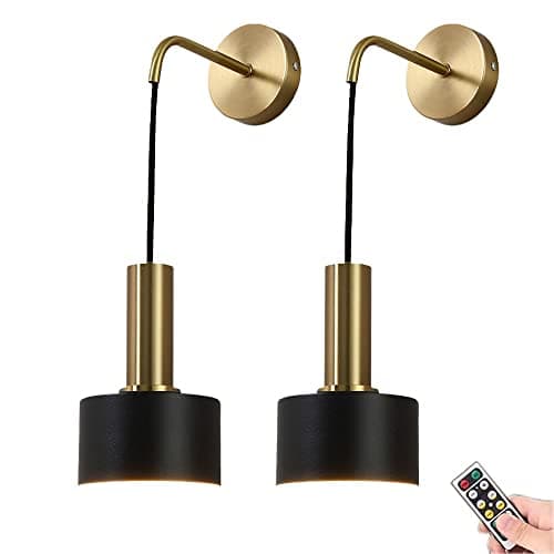 Image of Battery Operated Wall Sconces Set of 2, Modern No Wire Wall Lamp with Remote and led Light Bulb, Dimmable Adjustable Copper Lighting Fixture for Indoor Bedroom Bedside Decor/Living Room/Hallway