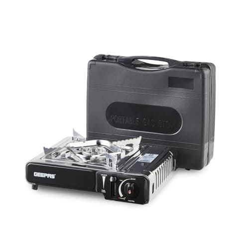 Image of Geepas Gas Stove Single Burner – Portable Camping Stove BBQ Cooker with Carry Case, Outdoor Grill Plate – Automatic Ignition System, Enamel Pan Support, Butane Can or LPG Gas Source