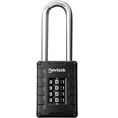 Image of NOVLOCK 2.76" (7 cm) Long Shackle Combination Padlock – Extra Long, Hardened Steel – 4-Digit Code Lock for Lockers, Cabinets, Storage, Fences, Gates & Sheds – 1-Pack, Black