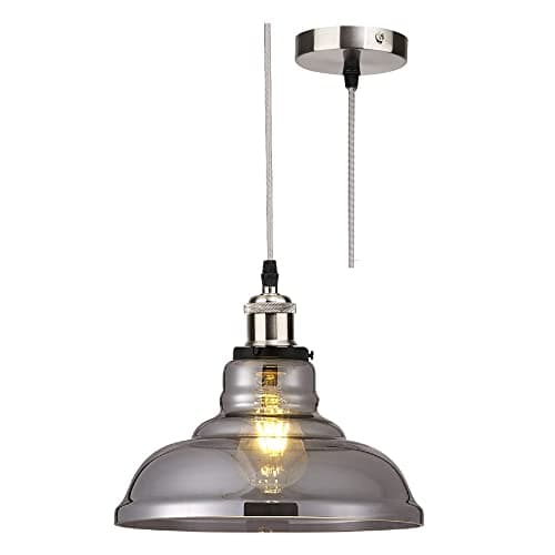 Image of Brushed Chrome & Smoked Tapered Dome Glass Vintage Retro Pendant Ceiling Light | 28cm Diameter | Silver Braided Cable | 1 x ES E27 Lamp Bulb Required | 240 Volts | Bedroom - Lounge - Kitchen