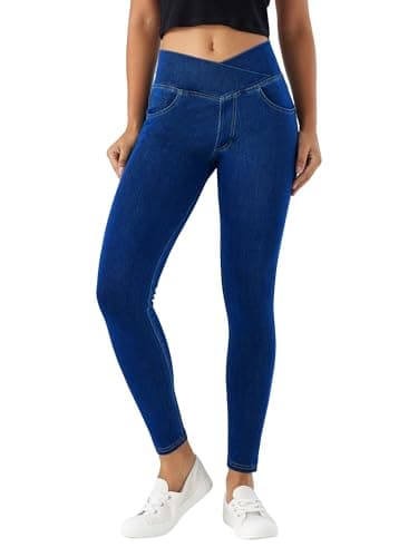 Image of LaiEr V Crossover Skinny Jeans Women High Waist Pull onTummy Control Casual Fitness Leggings, Highly Elasticity Soft Fabric with Side Pockets Yoga Pants(Dark BlueXL)