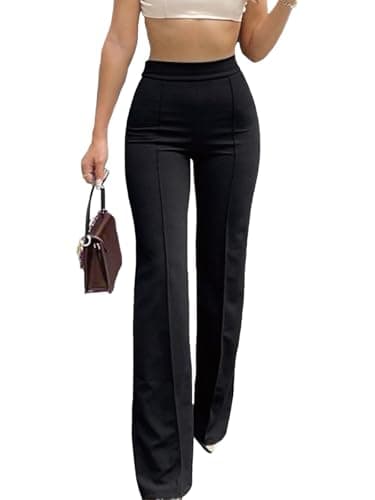 Image of HAWILAND Women Ladies Wide Leg Trousers Work Office Smart Casual Elegant High Elasticated Waist Bootcut Long Pants Flared Leggings Black