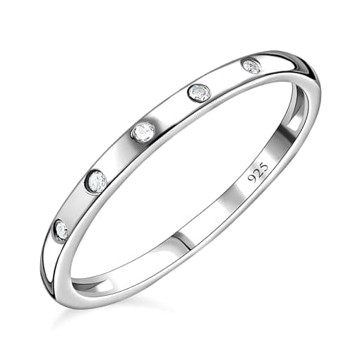 Image of TJC White Diamond Band Ring for Women Size J with Flush Setting in Platinum Plated 925 Sterling Silver April Birthstone Metal Wt. 1.18 Grams.