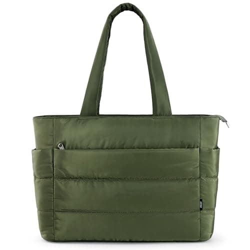 Image of KALIDI Quilted Tote Bags for Women Puffer Laptop Handbag Large with Zip Multi Compartments for Work,Shopping,Gym,Travel (Green)