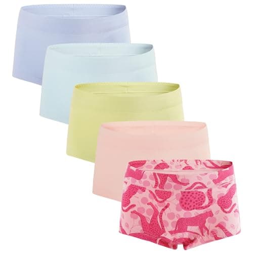 Image of INNERSY Girls Boxers Underwear Cotton Teen Boxer Pants Comfy Teenager Boyshort Knickers 5 Pack (12-14 Years, Cheetah/Pink/Blue/Pale Blue/Green)