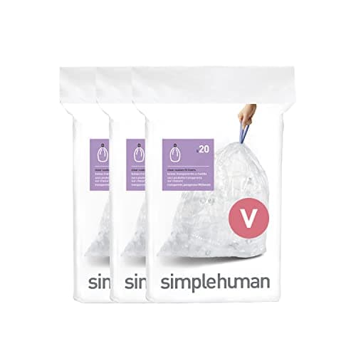 Image of simplehuman CW0277 code V Custom Fit Bin Liner Bulk Pack, Clear Plastic (3 Pack of 20, Total 60 Liners)