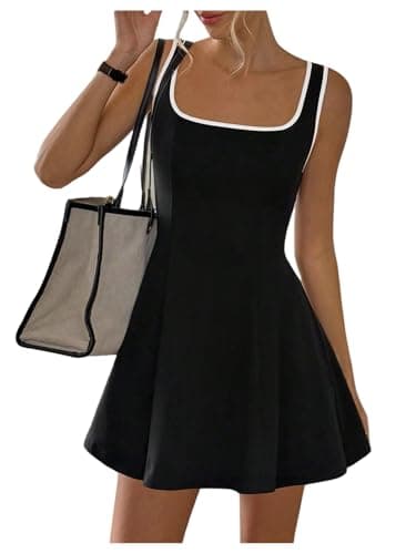 Image of GORGLITTER Women's Tennis Dresses Square Neck Contrast Binding A Line Skater Mini Athletic Golf Tank Dress Black Large