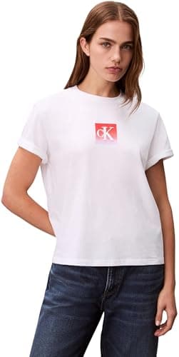 Image of Calvin Klein Women’s Short Sleeve Classic Boxed Monogram T-Shirt with Logo, White (Bright White), M