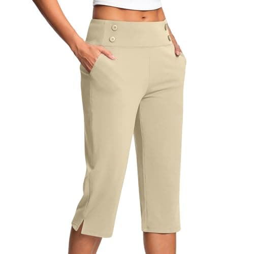 Image of White Cropped Trousers for Women Ladies Soft 3/4 Length Cropped Pants High Waist Stretch Pull on Bottoms Summer Golf Chino Joggers with Pockets Elegant Office Business