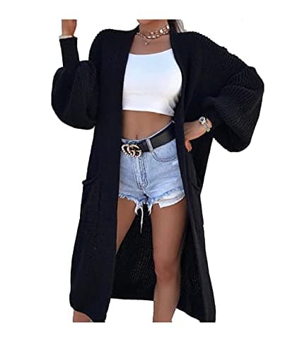 Image of Candid Styles Ladies Long Maxi Knitted Cardigan Balloon Sleeve 2 Pocket Womens Open Front Boyfriend Cardigans Top (Black, 8-14)