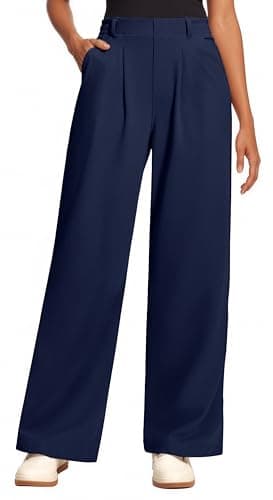 Image of Oyamiki Casual Womens Trousers with Pockets Waffle Knit Wide Leg Business Navy Blue Smart Pants Elasticated Waist in The Back S